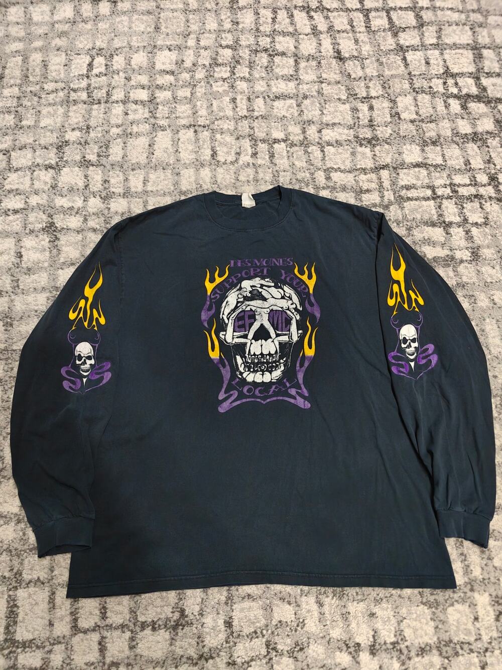 Vintage 90s Biker Long Sleeve Shirt 2XL Skull Flames EFMC Des Moines Faded Tee